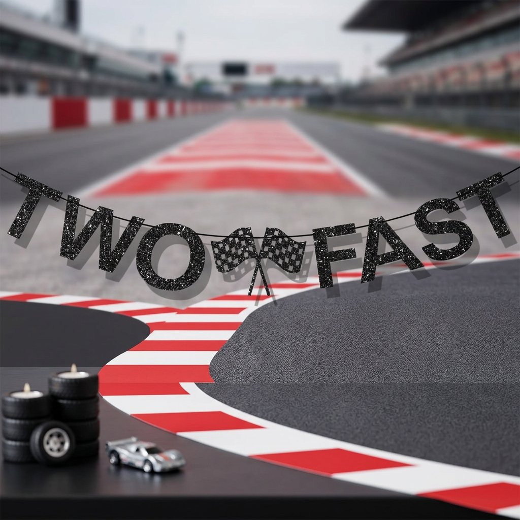 Car Accessories Banner - Two Fast Racing Birthday Banner Black